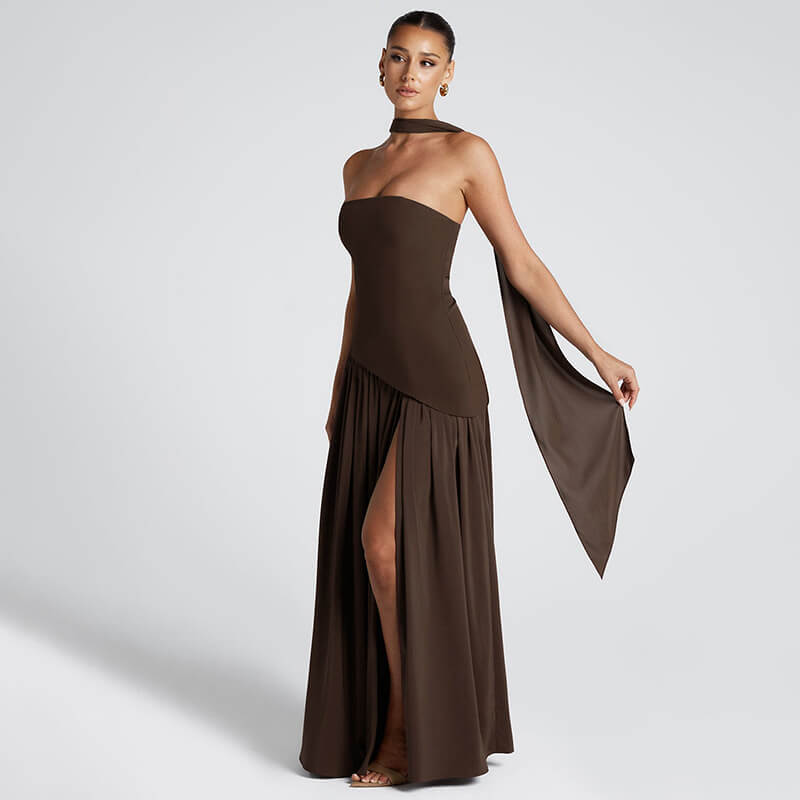 Plum Brown Maxi Dress with Scarf Neck