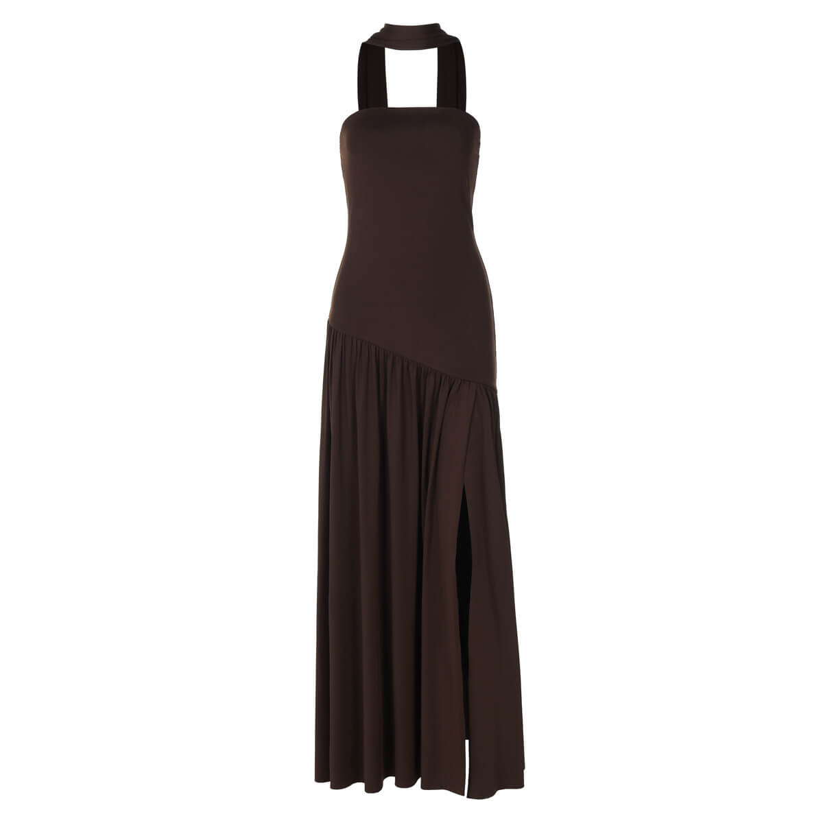 Plum Brown Maxi Dress with Scarf Neck