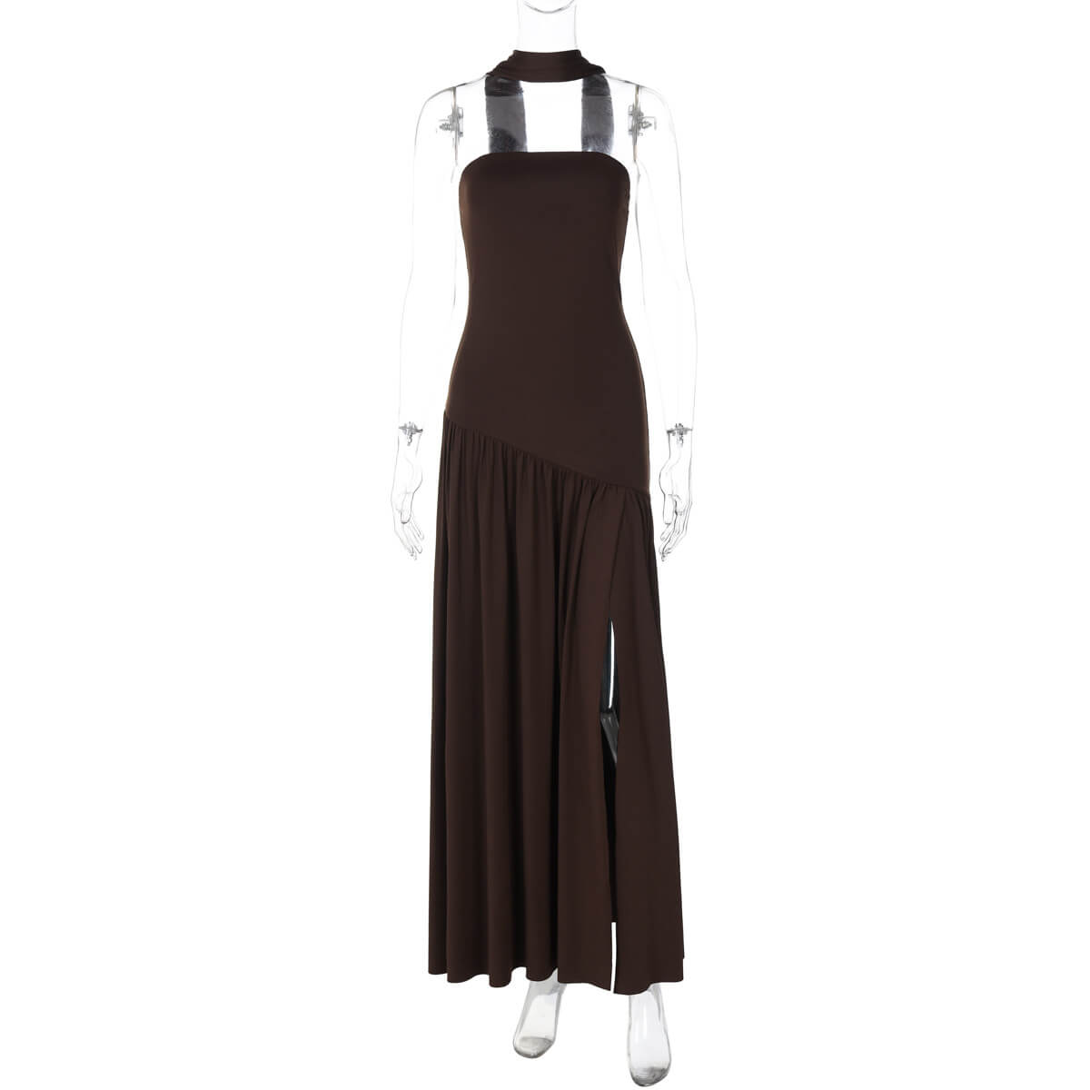 Plum Brown Maxi Dress with Scarf Neck