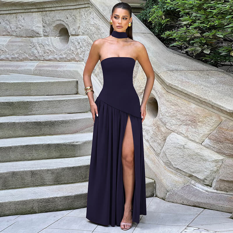 Plum Brown Maxi Dress with Scarf Neck